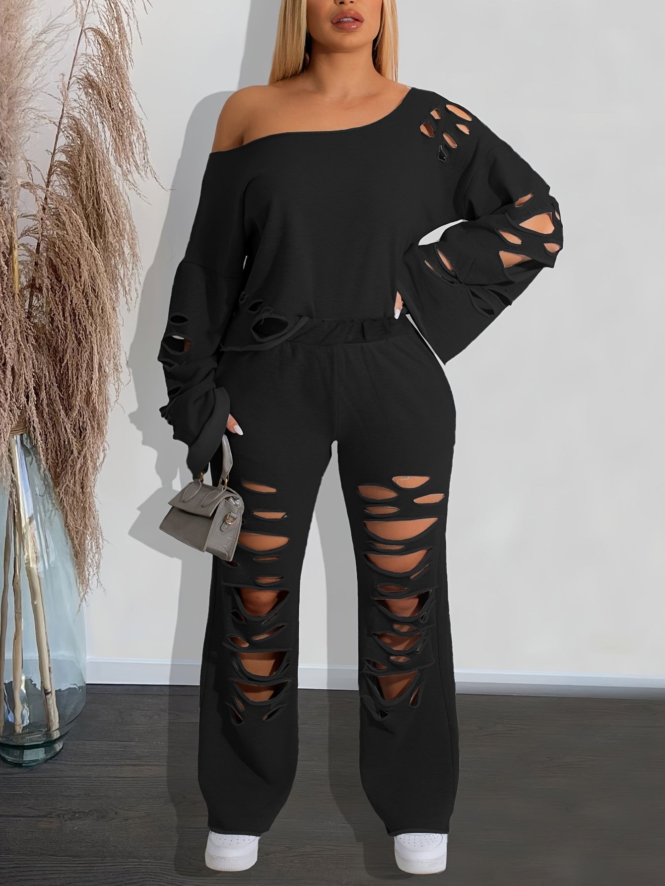 Casual Solid Cut Out Two-piece Set, Long Sleeve Asymmetric Top & Long Pants Outfits, Women's Clothing