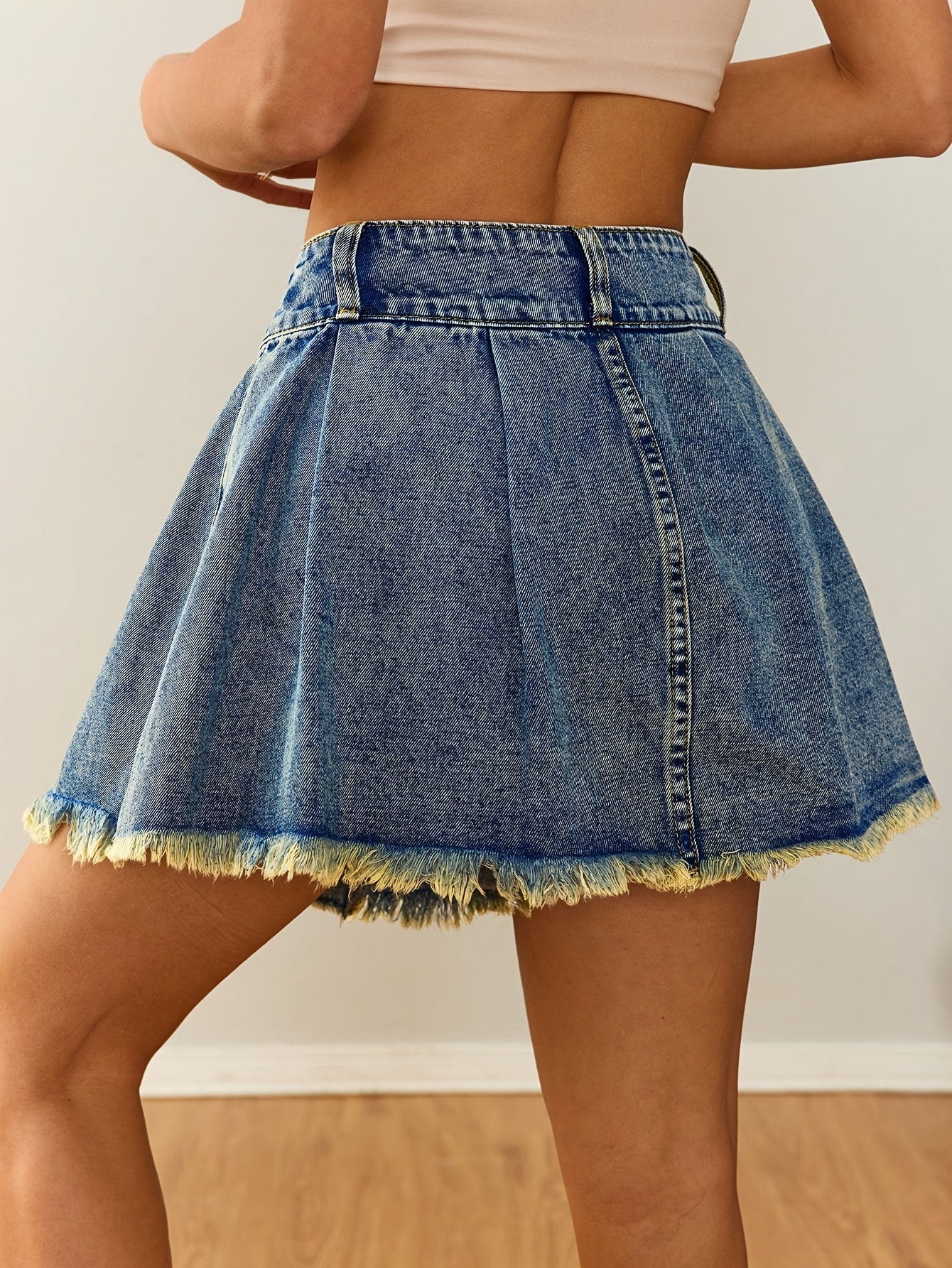 Women'S Pleated Jean Skirt Casual A-Line Ruffle Y2K Mini Denim Skirt