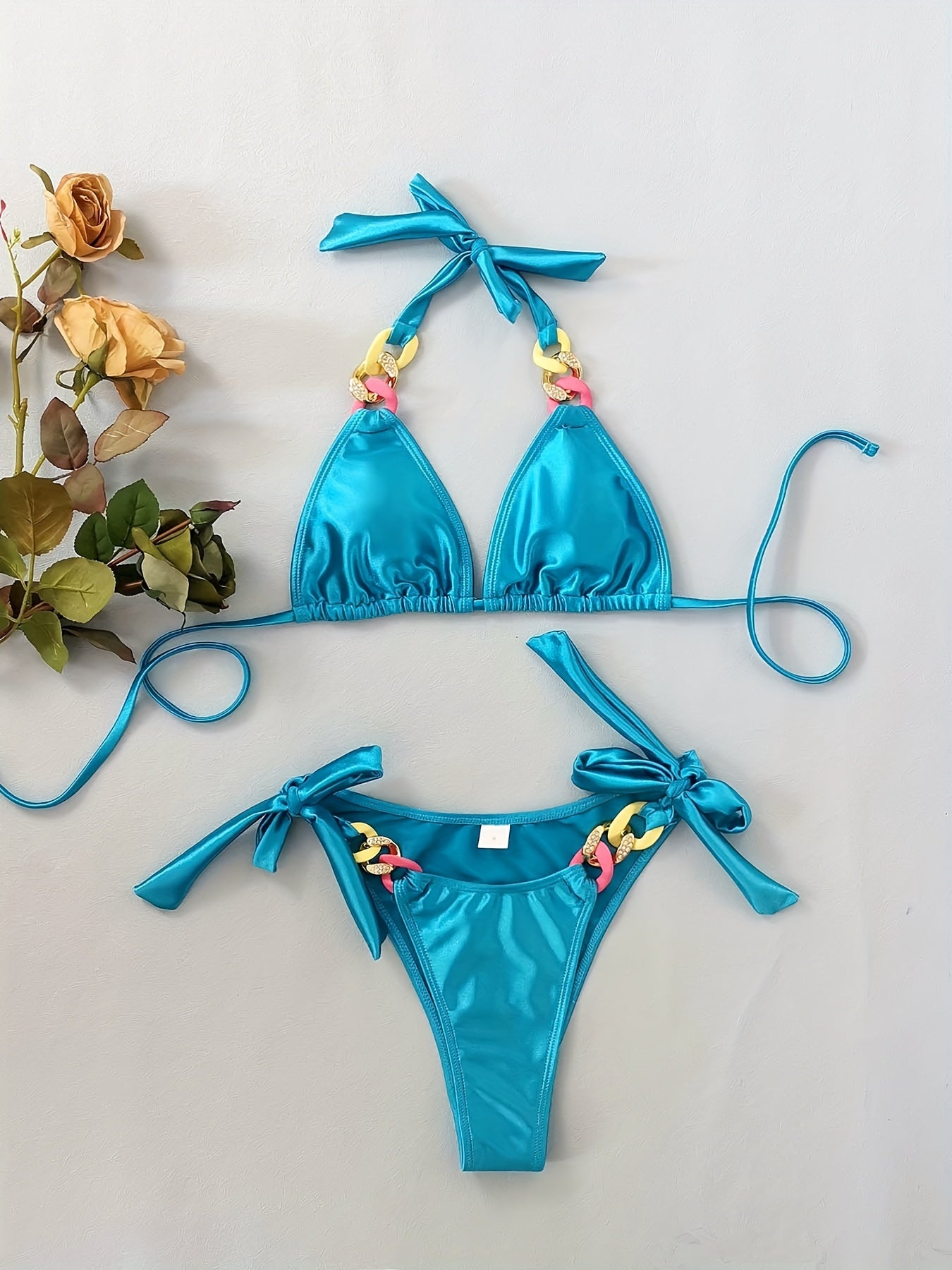 Shiny Tie Side 2 piece Set Bikini, V Neck Swimsuits, Women's Swimwear & Clothing
