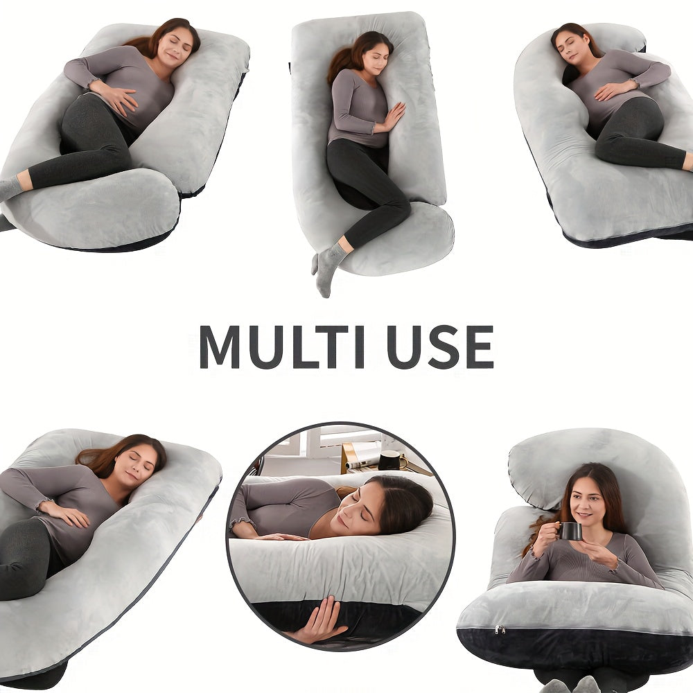 62 Inch J-Shaped Body Pillow with Removable Velvet Cover - Machine Washable Medium-Soft Support Pillow for Full-Body Comfort, White Home & Bedroom Essential, Pillows for Sleeping