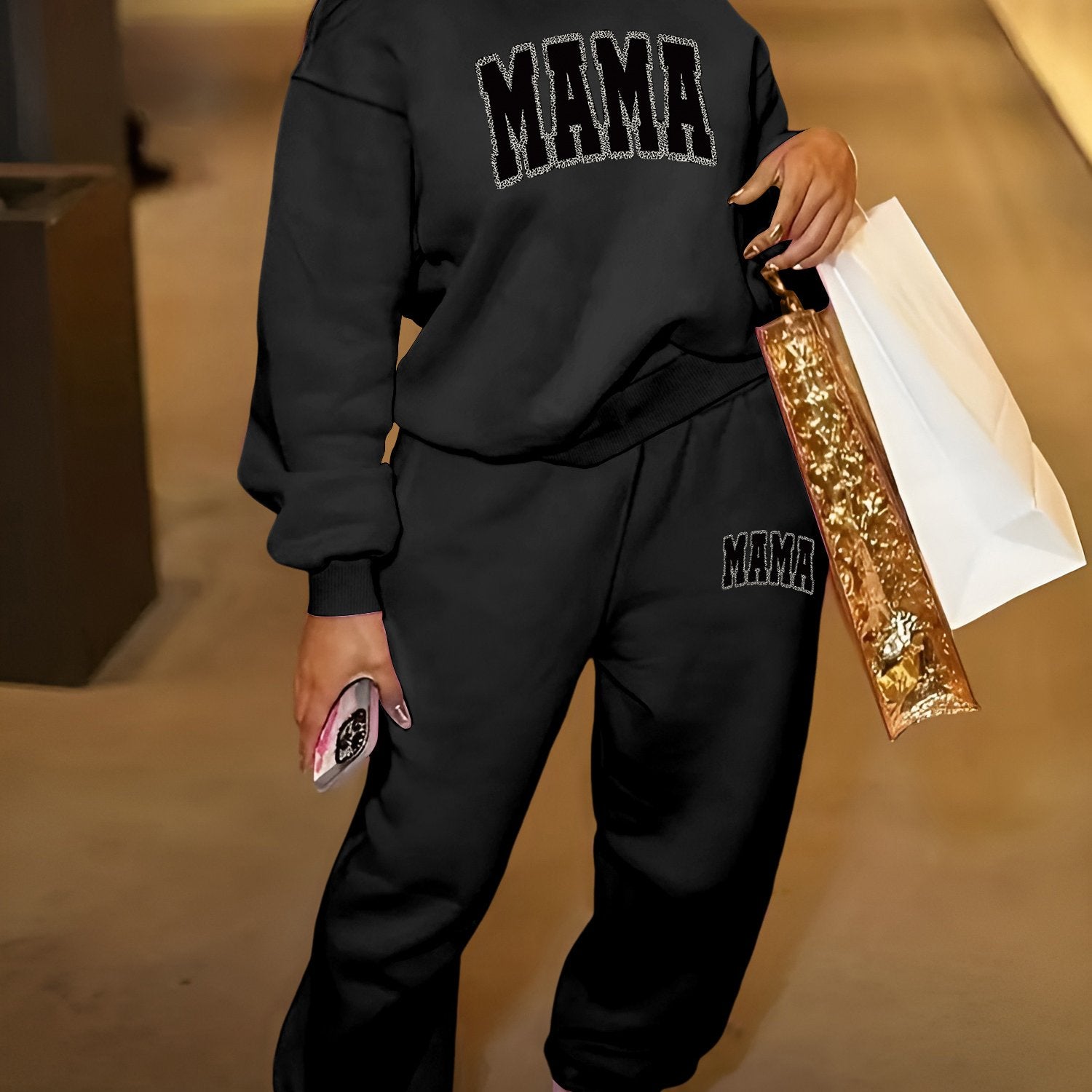 1set Women'S Casual Crew Neck Sweat Suit, Polyester Knit Fabric with Alphabet Pattern, Long-Sleeve Sweatshirt and Sweatpants Set for Fall/Winter