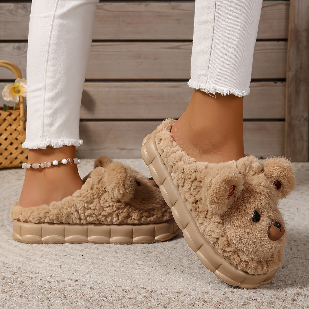Ladies Cartoon Plush Lined Cozy Thick Sole Home Slippers, Honey Girl Style, Easy Slip-On, Cartoon Pattern, Winter Comfy Fabric Footwear with EVA Sole, European & Southeast Asia Special - Ruian Origin