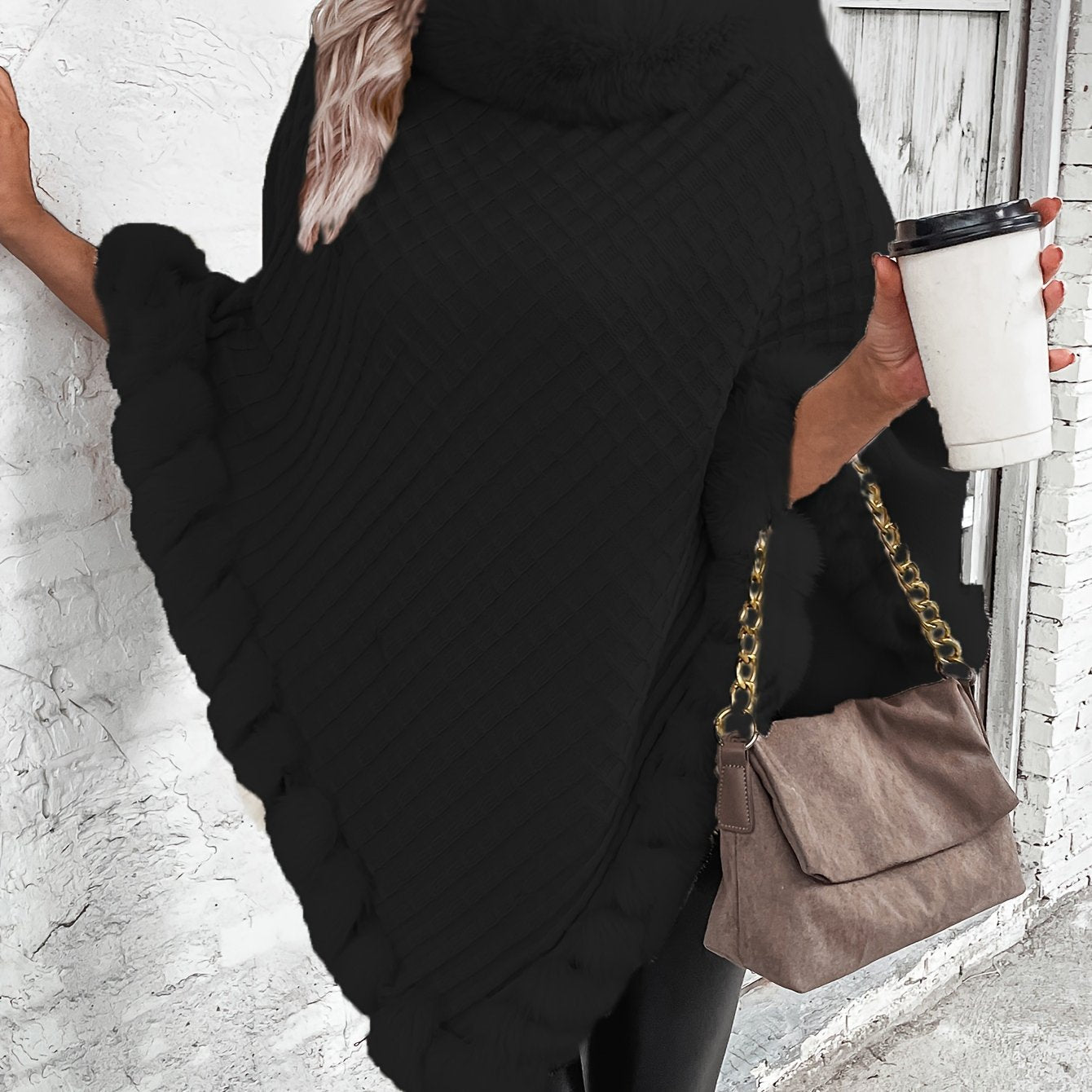 Winter Chic Fur-Trim Turtleneck Sweater - Cozy Long Sleeve, Hanky Hem Design - Perfect for Cold Weather