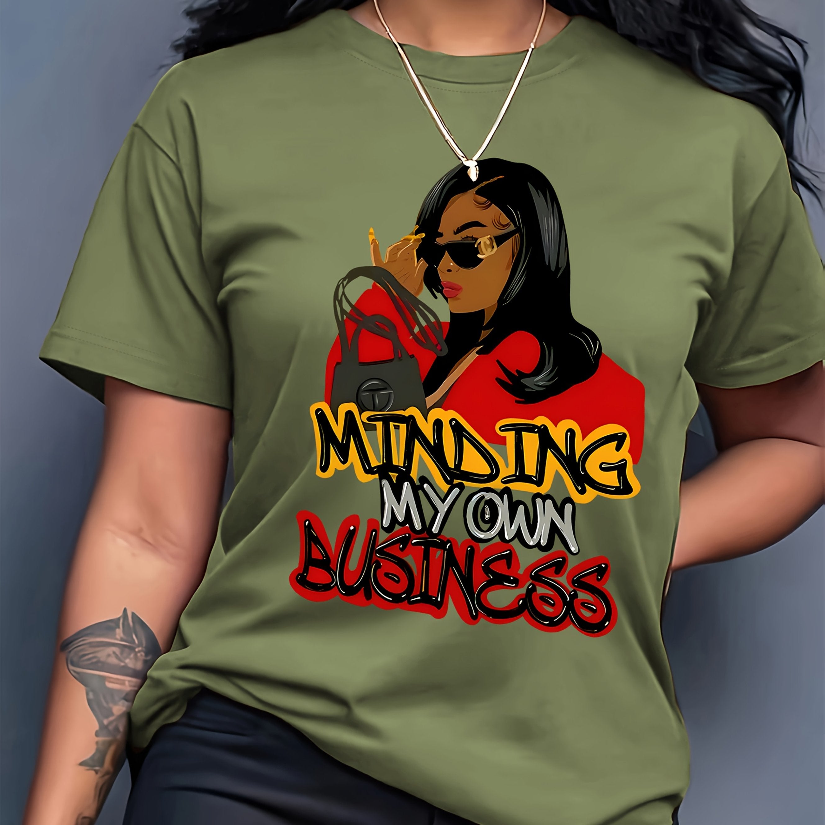 [Stylish T-Shirt] Polyester Women's Casual T-Shirt - Stylish Cartoon Character Print "MINDING MY OWN BUSINESS" Design, Machine Washable, All-Season Wear