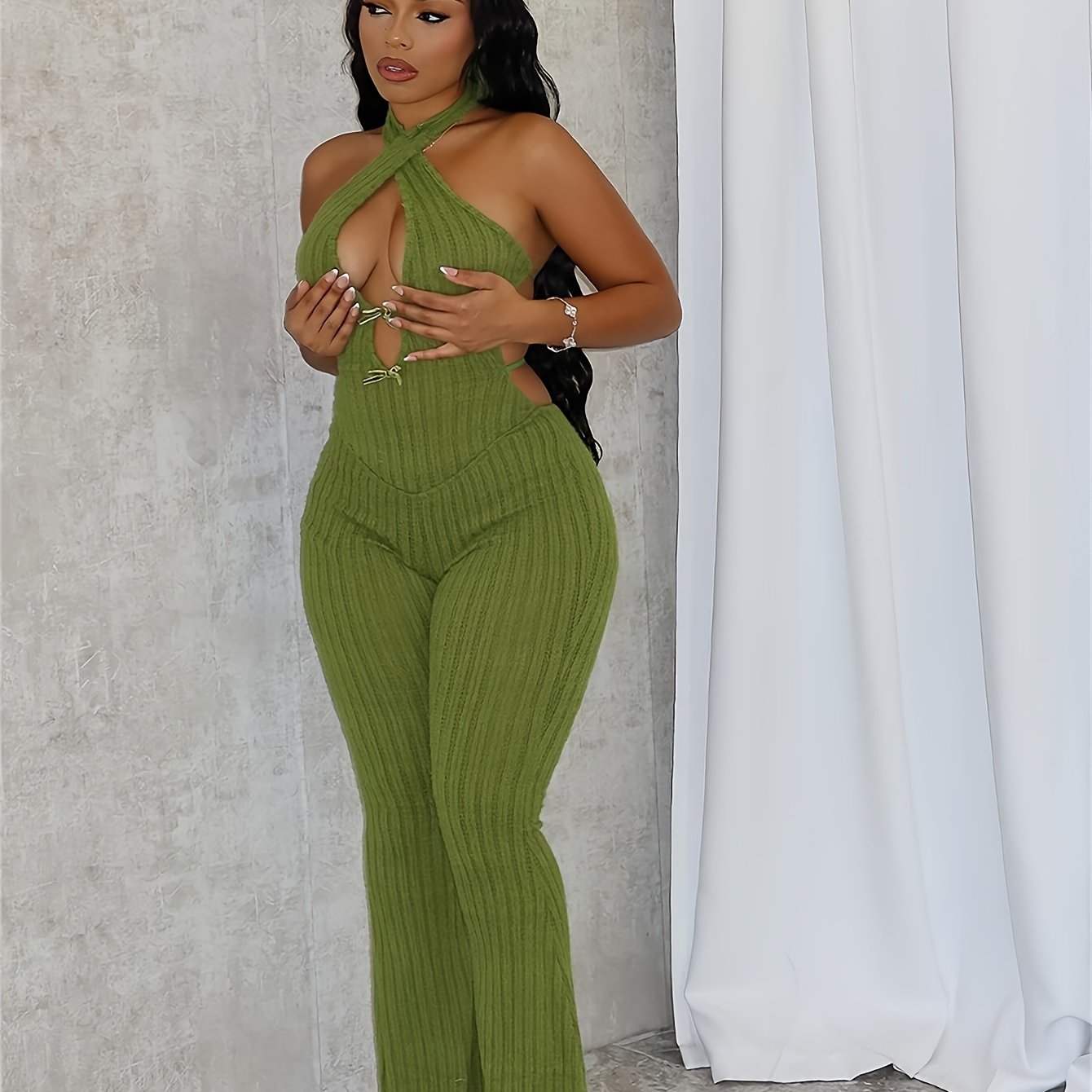 Women'S Sexy Halter Neck Jumpsuit - Solid Color Knit Fabric Unitard with Slim Tie Detail, Polyester 95% Elastane 5%, Flared Leg Design for All Seasons