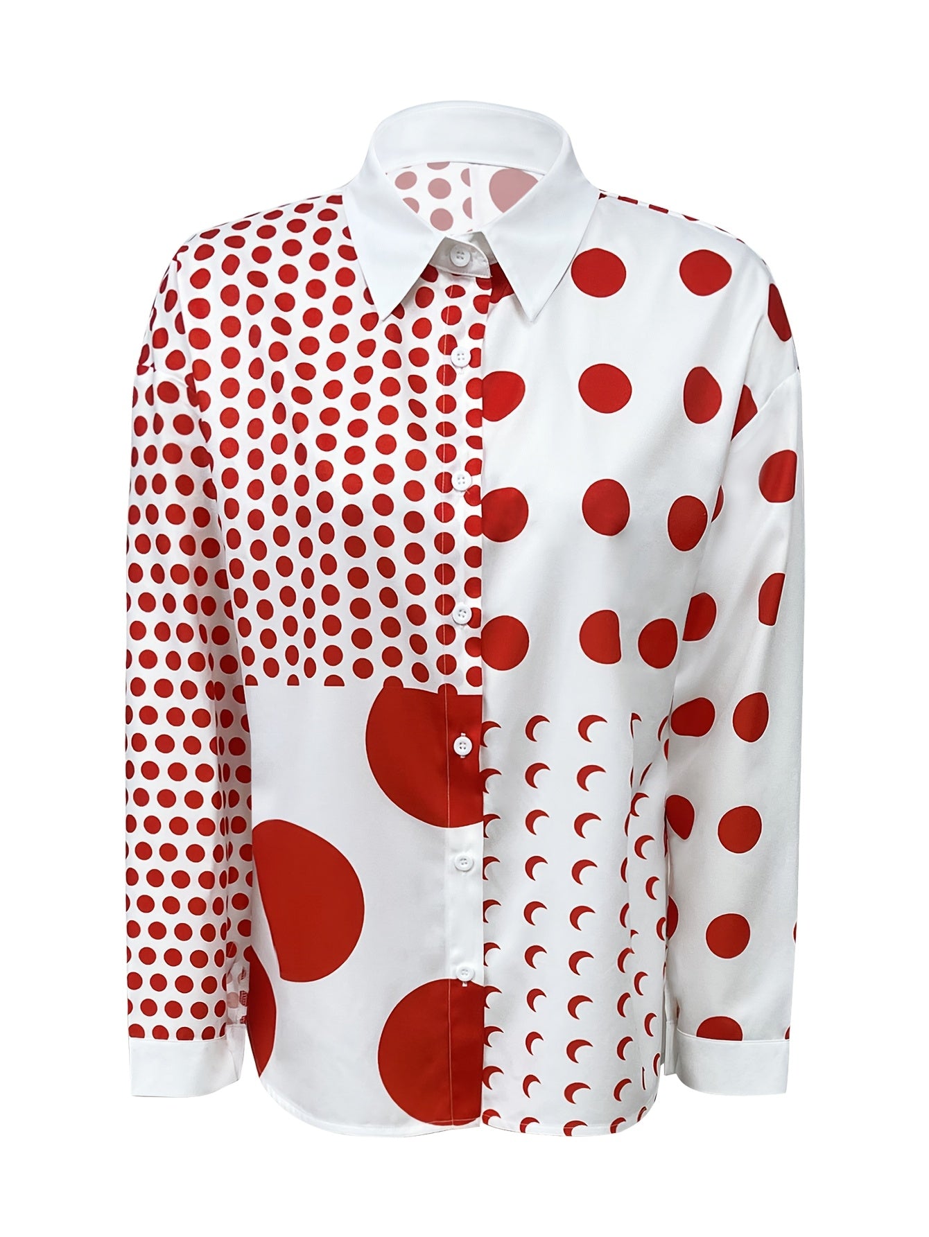 Women'S Elegant Polyester Shirt with Polka Dot Print, Long Sleeve Casual Lapel Collar, Versatile Blouse for Spring/Summer/Fall, 100% Polyester Woven Fabric, 109 gsm - Adult