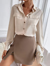 Flap Pockets Single Breasted Blouse - Elegant Long Sleeve Simple Blouse For Spring & Fall - Women's Clothing - Suitable for Casual & Office Wear - Perfect Gift for Women