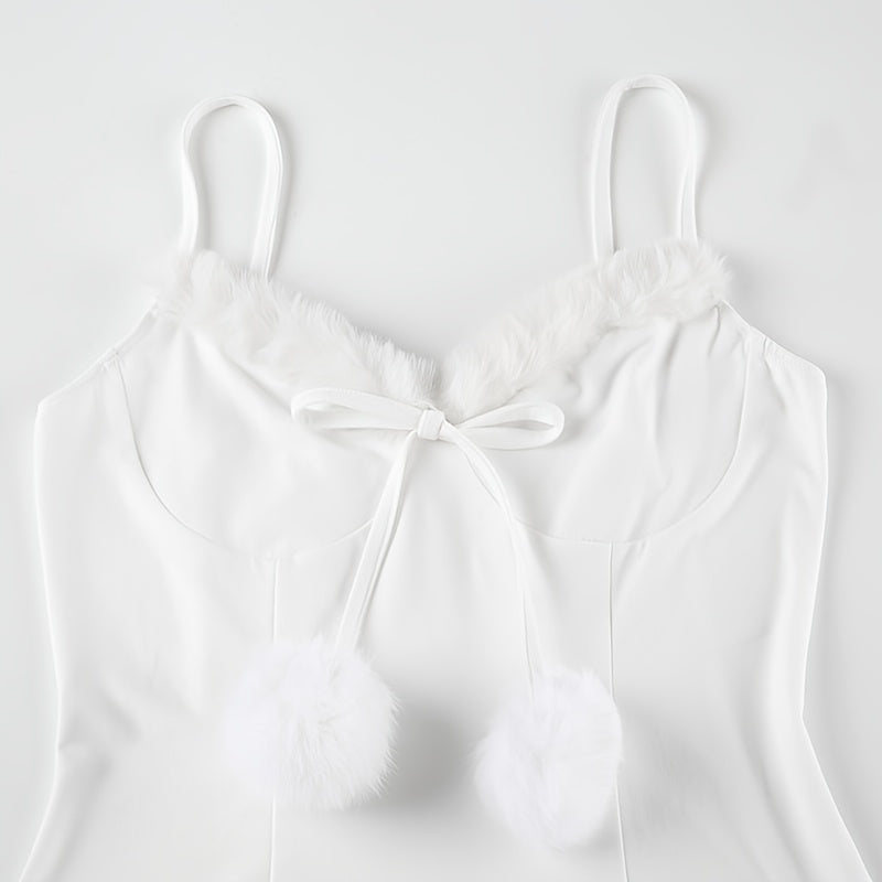 Women'S White Furry Trim Spaghetti Strap Dress, Sexy Sleeveless Knit Slip with Raw Hem Detail, Polyester 95% Elastane 5%, Solid Color, Fall/Winter Collection