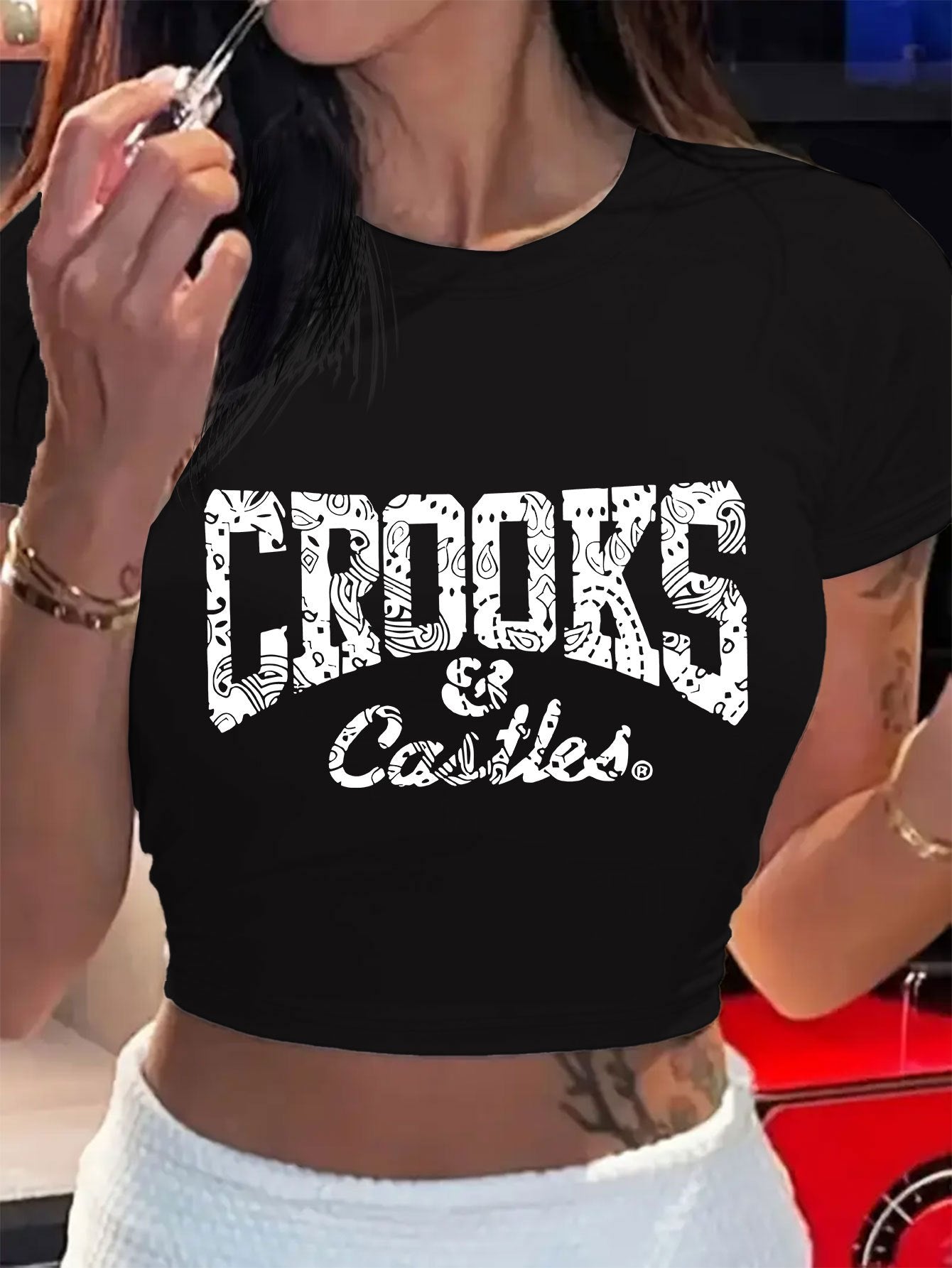 CROOKS & CASTLES Women's Y2K Graphic Crop Top - Vibrant Red with Bold Black Letter Print, Lightweight Summer Short Sleeve Shirt, Round Neck Casual Streetwear, Machine Washable, Trendy Outfit | Nontransparent Material
