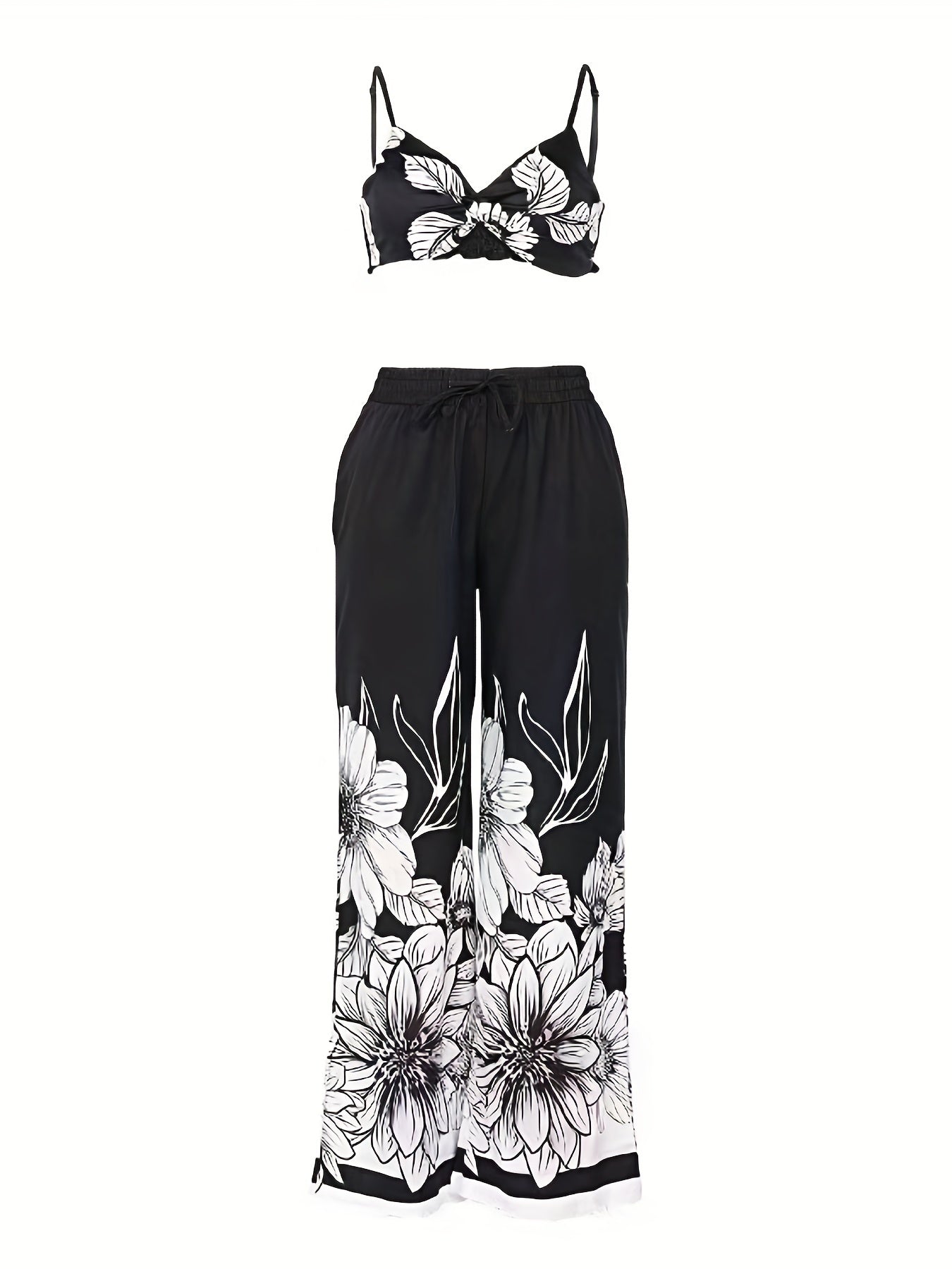 Sexy Butterfly Print Two-piece Set, Backless Crop Halter Top & Wide Leg Pants Outfits, Women's Clothing