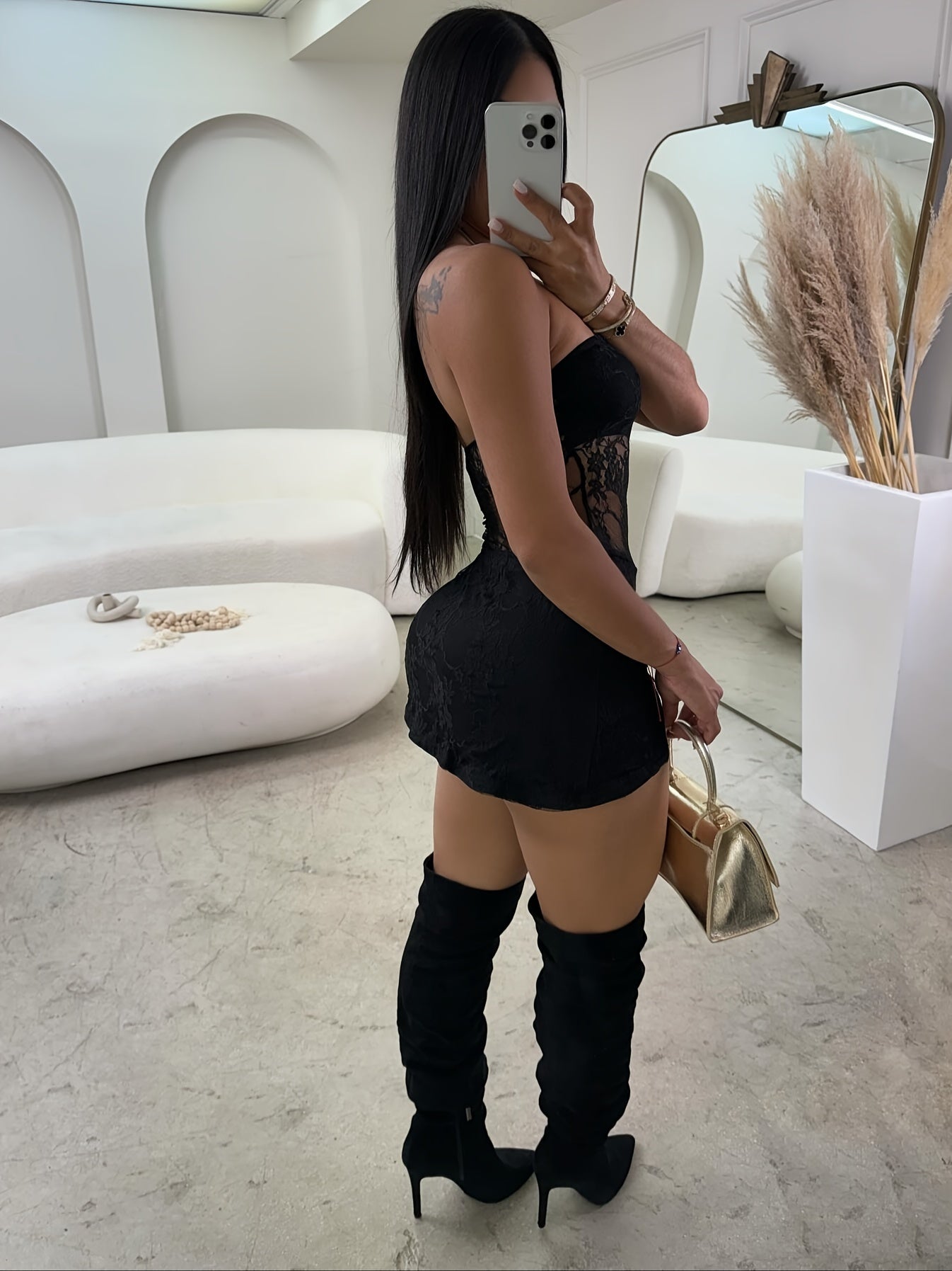 Women'S Sexy Strapless Hollow-Out Sheer Mini Dress, Bodycon Knit Polyester (95%) with Elastane (5%), Sleeveless Solid Color, All-Season Knit Fabric, 180g/m² - Elegant Party Attire