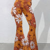 Women's High-Waist Floral Print Flare Pants - Casual, Stretchy, and Comfortable Bell Bottoms with Vibrant Orange & White Daisy Design, Loose Fit for Casual Attire, Casual Wear Pants | Retro Style Jeans | Machine Washable Pant