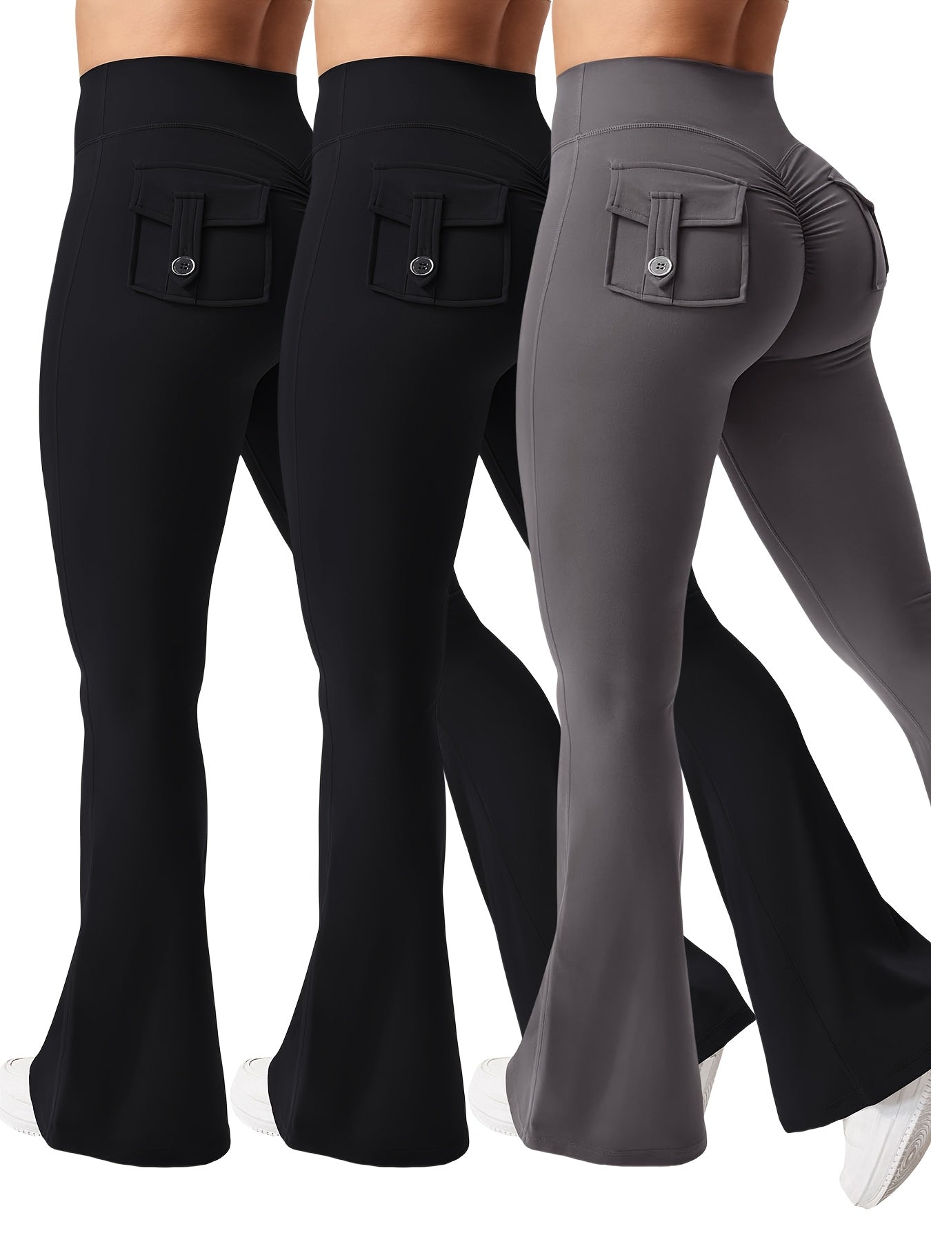 3pcs Women's High Elasticity Yoga Pants with Pockets - Soft Flared Leg Workwear-Style Fitness Pants, Elastic Waistband Tight-Fit Butt-Lifting for Running, Gym & Casual Wear (Black/Grey/Brown), Running Attire | Highwaisted Fla