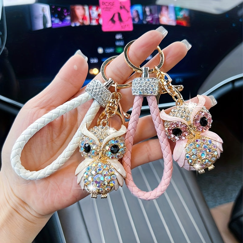 Rhinestone Owl Keychain - Cute Alloy Charm with Braided Rope, Sparkling Cartoon Owl Design, Perfect for Car Keys & Bags, Ideal Birthday Gift, Novelty Keychai