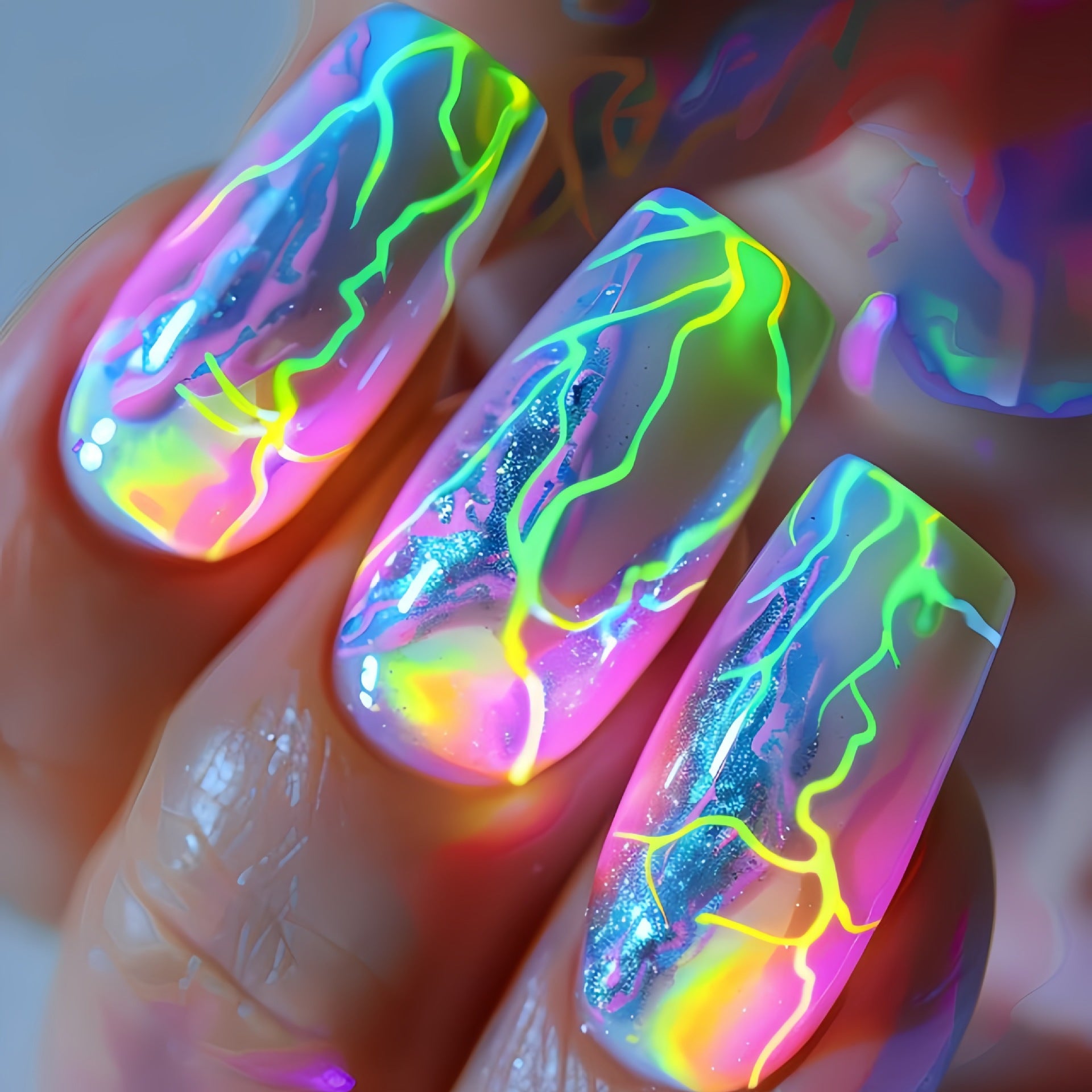 216pcs (9 PACK) Green Glitter Lightning Press-On Nails - Medium Length, Ballet Shape, Removable Fake Nails with Stripe Desian for Hands