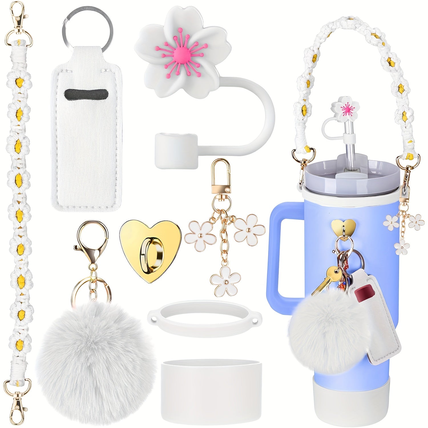8pcs Cup 30oz 40oz Tumbler Accessories with Handle, Includes Water Bottle Handle Strap, Lipstick Case, Boots, Keychain Charm, Straw Top (Purple)