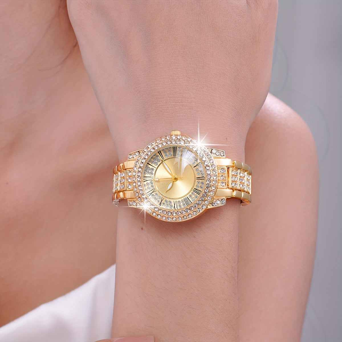 Middle East Ramadan Ladies Watch 1Set Ladies Watch Luxury Full Rhinestone Roman Dial Quartz Watch And Our Lady Of Guadalupe Pendant Necklace Earings Jewelry Set Suitable for Women Party Holiday Birthday Wear Or As Sisters The
