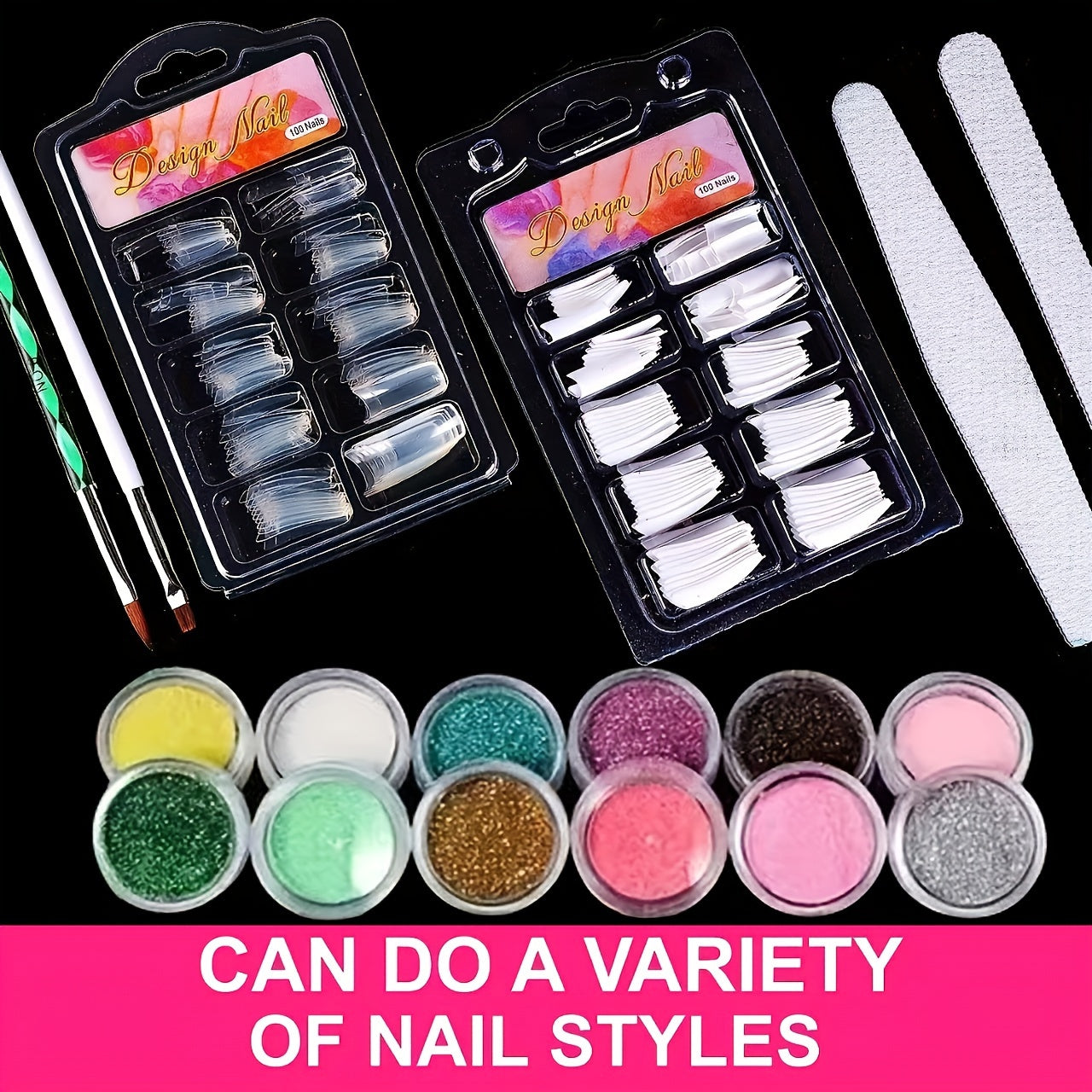 Acrylic Nail Kit for Beginners – 12 Glitter Colors + White, Clear & Pink Acrylic Powder, Full Set with Manicure Tools for Nail Extensions & Professional DIY Designs
