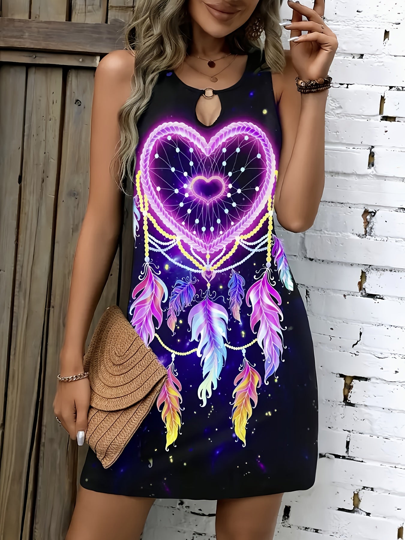 Bohemian Midi Dress for Women, Colorful Print with Dreamcatcher and Ring Accents, Sleeveless Crew Neck, Polyester Knit Fabric, Regular Fit, Spring/Summer/Fall Collection