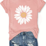 Women's Casual Daisy Flower Print T-Shirt - Soft Polyester Crew Neck Tee, Black with White Daisy Design, Short Sleeve, Perfect for Summer Outfits, Ladies T Shirts