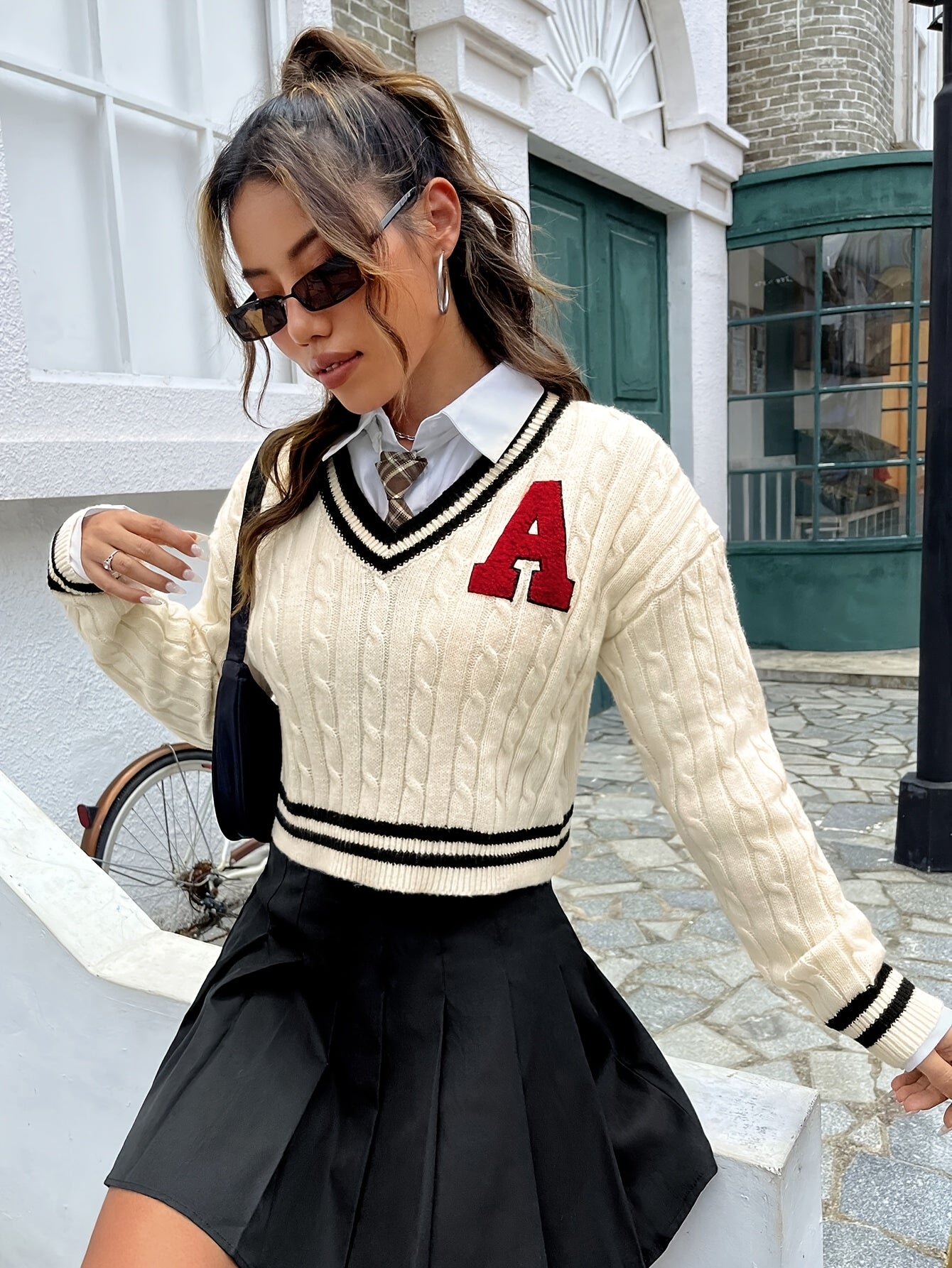 Cozy Long-Sleeve V-Neck Knit Sweater with Letter "A" - Cute Preppy Style, 100% Polyester, Machine Washable - Ideal for Fall/Winter Casual Wear