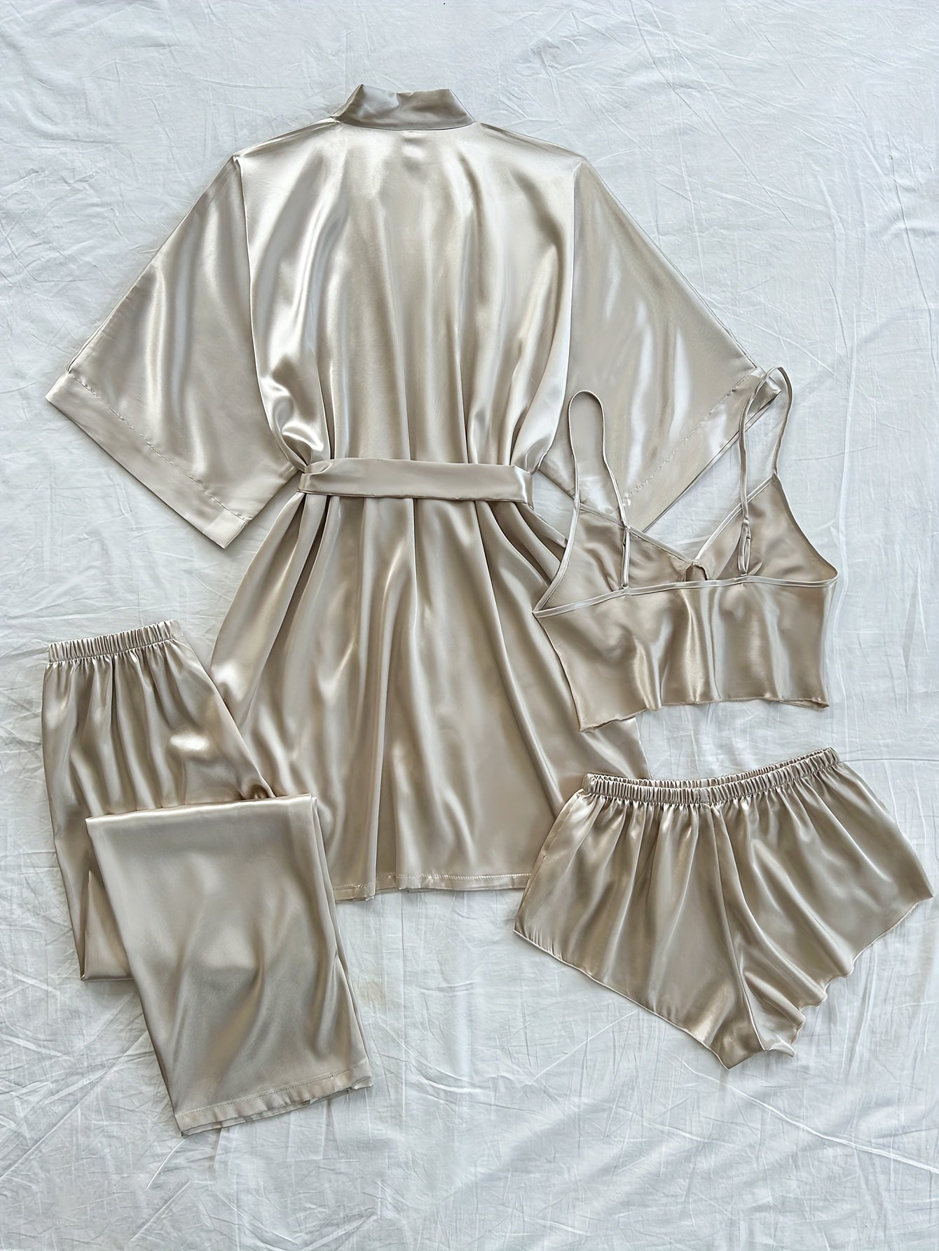 Women'S V-Neck Sexy Comfortable Robe Set with Mini Spaghetti Strap Shorts and Long Pants, Four Pieces