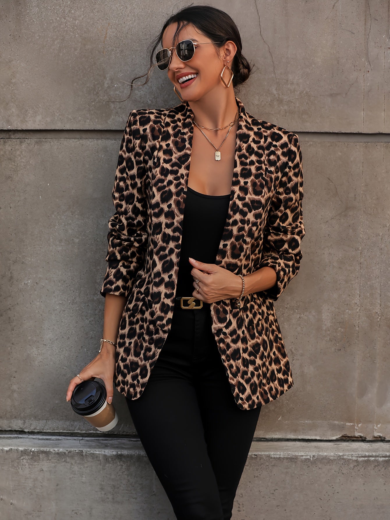 Leopard Print Open Front Blazer, Elegant Lapel Neck Long Sleeve Blazer For Office & Work - Women's Clothing - Stylish & Professional - Suitable for Business Meetings & Formal Events - Perfect Gift for Women
