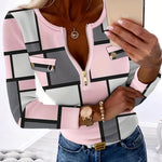 Elegant Women's Geometric Pattern T-Shirt - Pink & Gray, Zip Front with Decorative Buttons, Long Sleeve, Stretchy Polyester Blend, Machine Washable - Chic Top for Spring/Fall