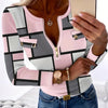 Elegant Women's Geometric Pattern T-Shirt - Pink & Gray, Zip Front with Decorative Buttons, Long Sleeve, Stretchy Polyester Blend, Machine Washable - Chic Top for Spring/Fall