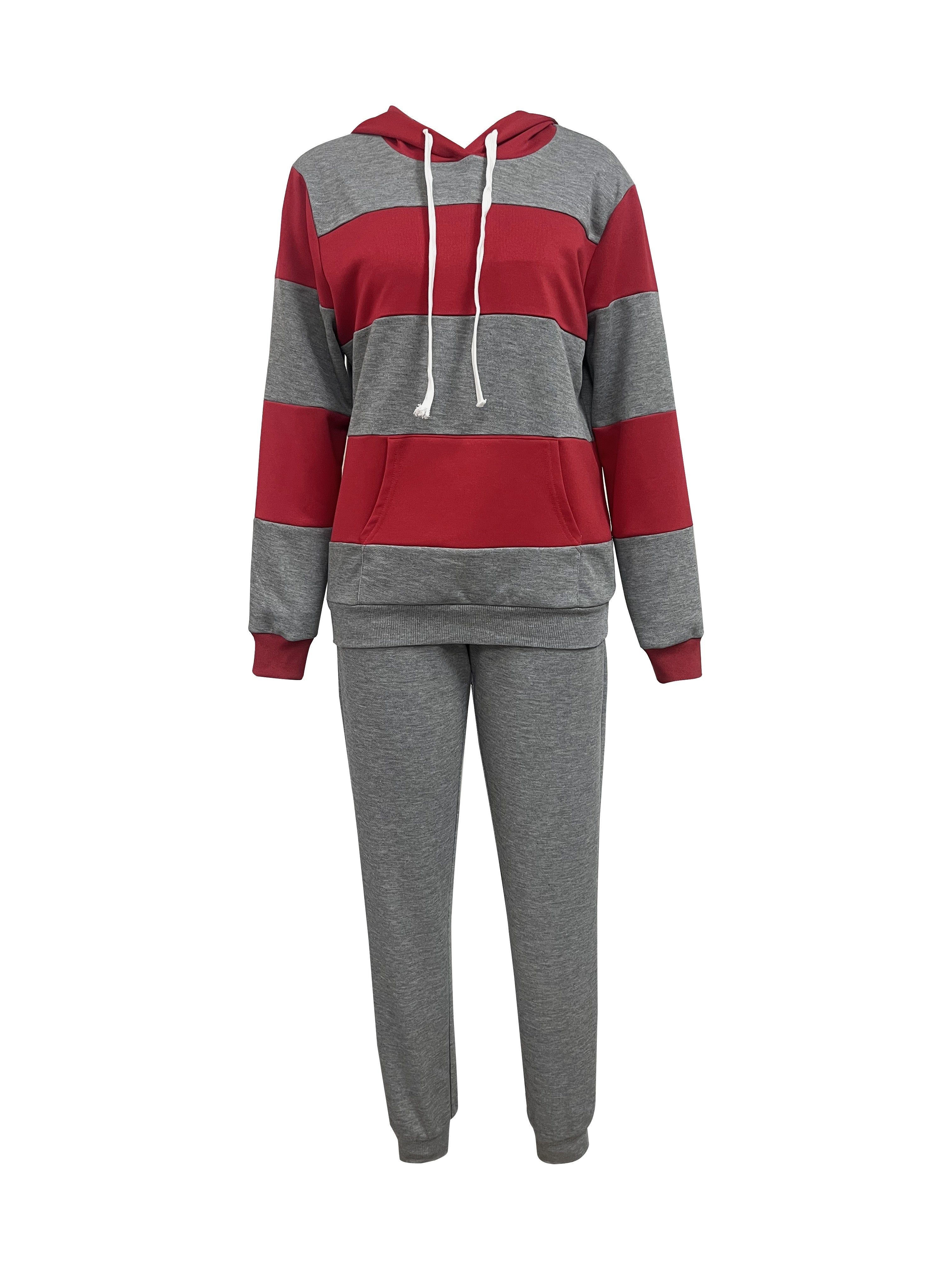 2 Pcs Cozy Striped Lounge Set - Soft Long Sleeve Kangaroo Pocket Hoodie & Drawstring Elastic Waist Jogger Sweatpants - Women's Comfortable Casual Wear for Daily Life