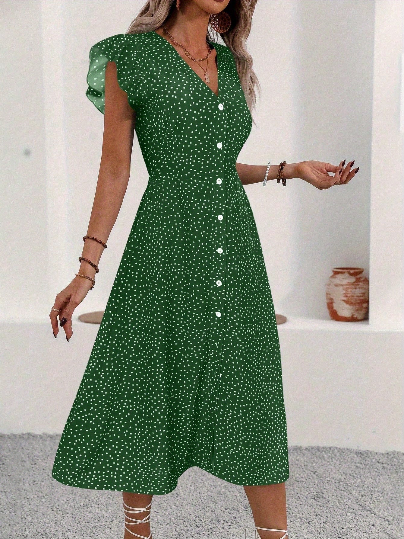 [Red Polka Dot Midi Dress] Red V-Neck Elegant Polka Dot Midi Dress for Women | with Ruffle Split Hem, Button Front Detail - Perfect for Summer Holidays
