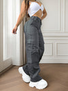 Women's Olive Green Cargo Pants with Multi-Pocket Design - Casual Flap Pockets, High Waist, Wide Leg, Street Style for Casual Attire