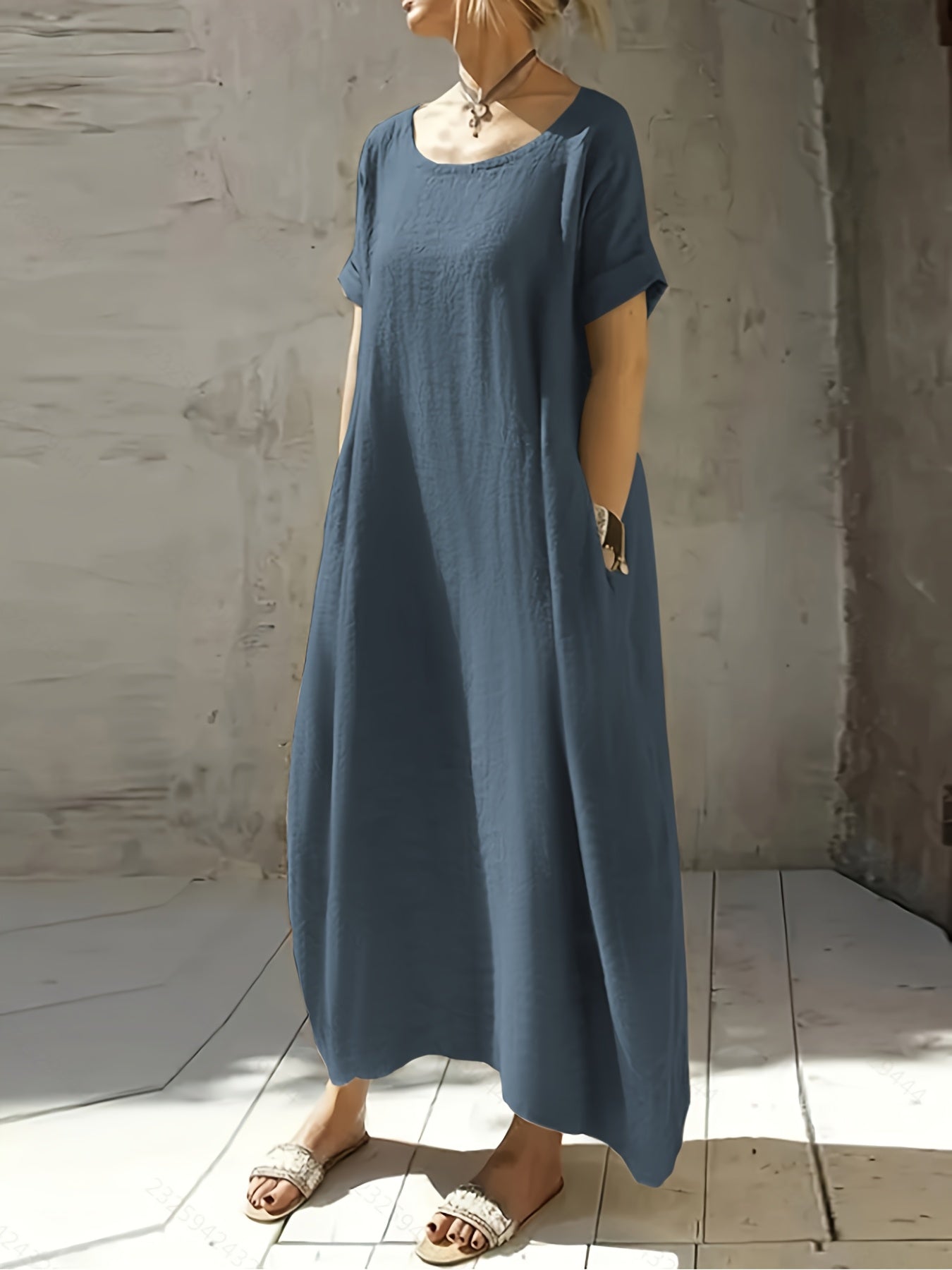 Women's New Summer Round Neck Short Sleeve Loose Dress with Pocket, Elegant and Pure Color Mid-Long Casual Skirt