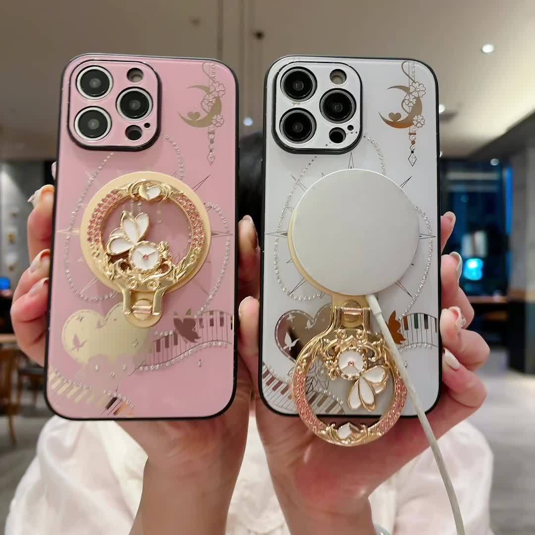 Magntic Luxury Bling Crystal Artificial Diamond Camera Suction Phone Case With Holder For iPhone 16 Promax/ 15 Pro max/14 Pro max/13 Promax Shockproof Protective Bumper Cover