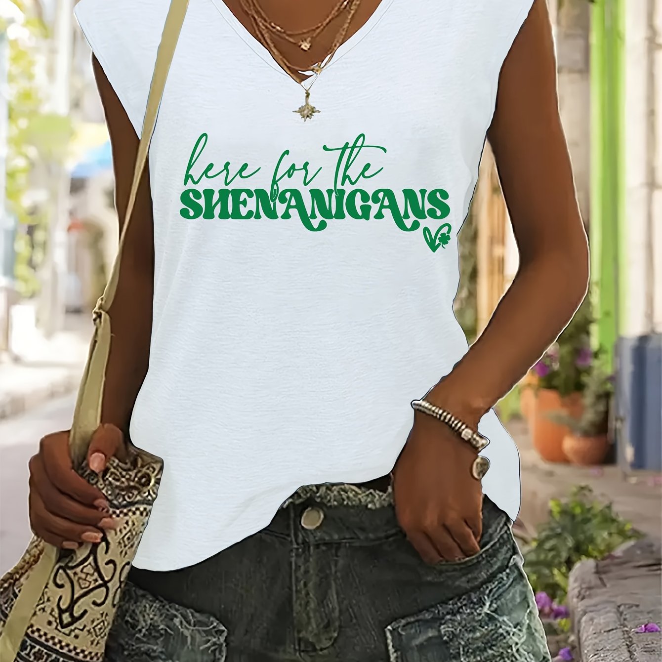 Women's St. Patrick's Day "Here for the SHENANIGANS" Monogram Print V-Neck Vest - Lightweight Stretchy Sleeveless Casual Top, Machine Washable Spring & Summer Green Letter Design, Festive Holiday Apparel, Medium Elasticity Fa