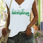 Women's St. Patrick's Day "Here for the SHENANIGANS" Monogram Print V-Neck Vest - Lightweight Stretchy Sleeveless Casual Top, Machine Washable Spring & Summer Green Letter Design, Festive Holiday Apparel, Medium Elasticity Fa