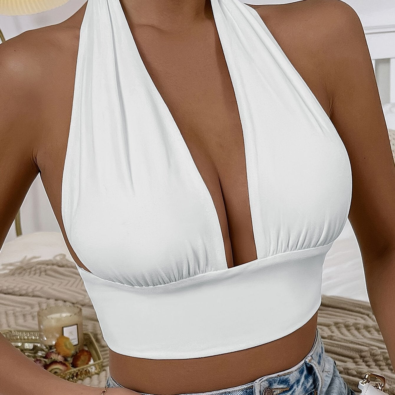1pc Elegant Orange Halter Neck Backless Crop Top - High Stretch, Deep V-Neckline, Sleeveless Tank for Women, Perfect for Casual or Stylish Outfits, Casual Chic Top | Backless Dress | Stretchy Fabric