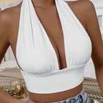 1pc Elegant Orange Halter Neck Backless Crop Top - High Stretch, Deep V-Neckline, Sleeveless Tank for Women, Perfect for Casual or Stylish Outfits, Casual Chic Top | Backless Dress | Stretchy Fabric