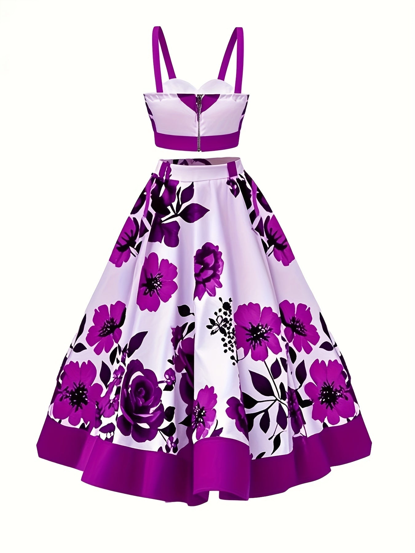 Elegant Floral Print Two-Piece Skirt Set - V-Neck Crop Top & High-Waist Flared Skirt, Polyester/Spandex Blend, Machine Washable, Perfect for Spring/Fall Fashion