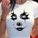 Clown Face Print Crew Neck T-Shirt, Casual Short Sleeve T-Shirt For Spring & Summer, Women's Clothing