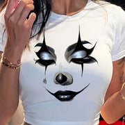 Clown Face Print Crew Neck T-Shirt, Casual Short Sleeve T-Shirt For Spring & Summer, Women's Clothing