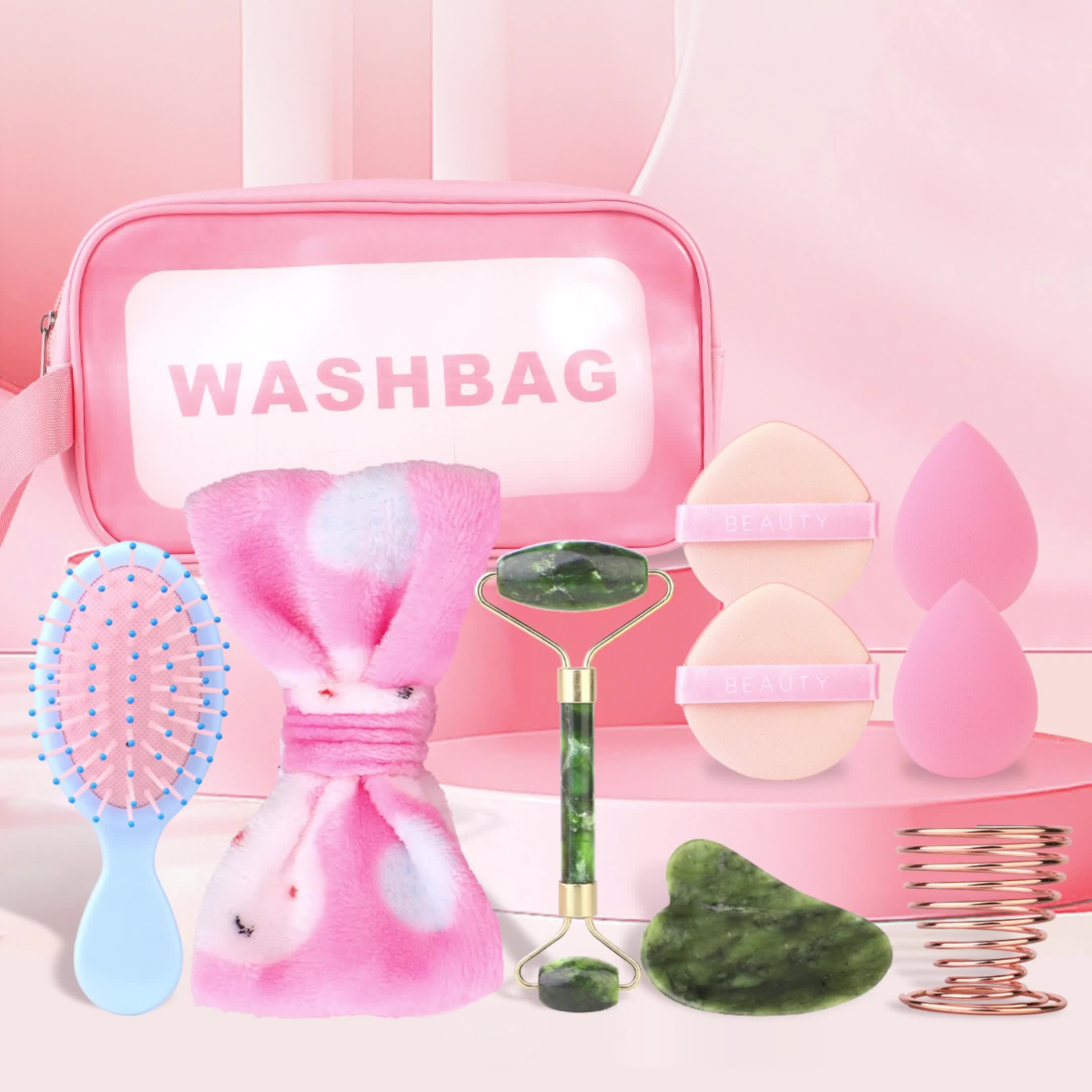 10pcs Facial Massage Set, Including 1 Double-Head Roller Massager, 1 Heart-Shaped Massage Board, 1 Pink Hair Band, 1 Long-Handled Hair Comb, 2 Air Cushion Powder Puffs, 2 Water Drop Beauty Eggs, 1 Metal Beauty Egg Stand, for