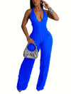 Royal Blue Halter Neck Jumpsuit for Women - Sexy Backless Pleated Wide Leg Romper, Boho Style, Deep V-Neck, Sleeveless, Machine Washable, Ladies Rompers And Jumpsuits