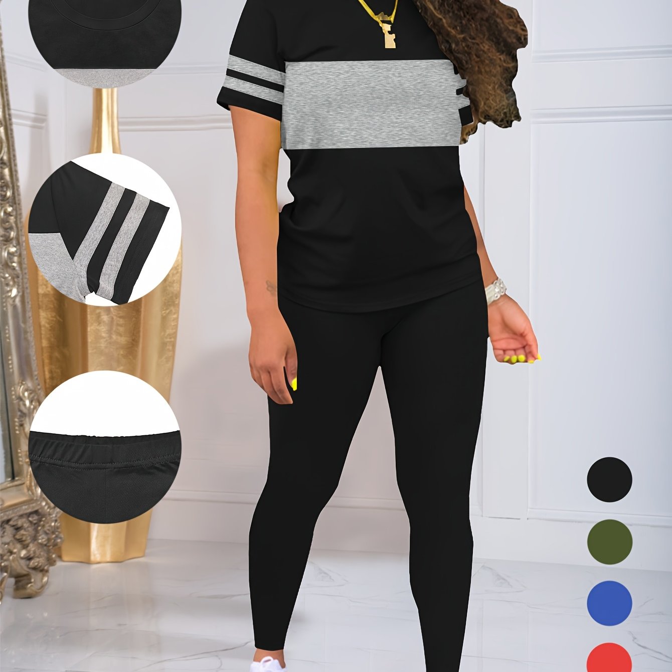 Women's Spring and Summer Round Neck Short Sleeve Top and Pants Set, Solid Color and Colorful Elastic Women's Set