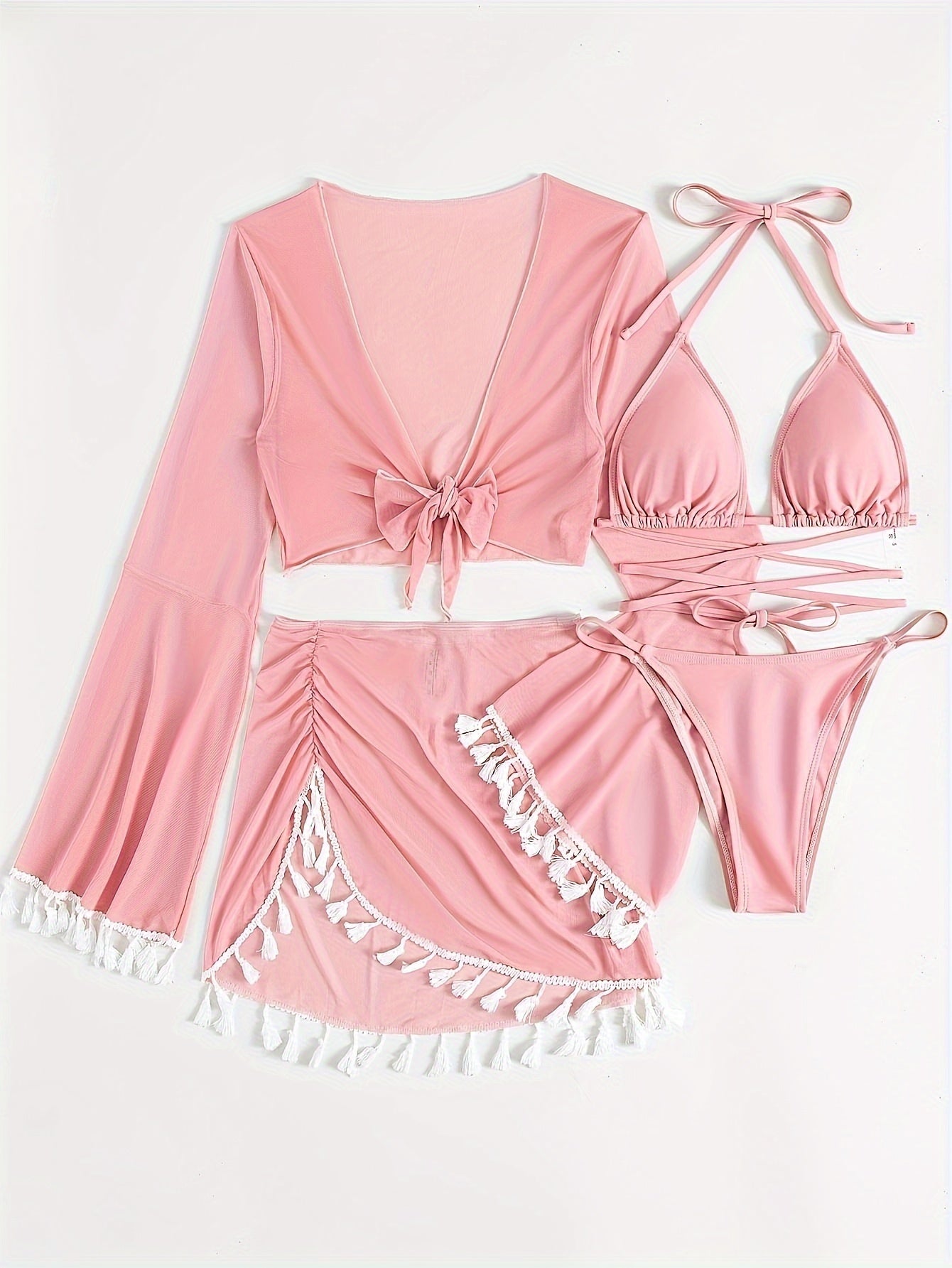 Chic 4pcs Women's Bikini Set with Long Sleeve Cover-Up & Skirt - Halter Neck, High Stretch Nylon Blend, Machine Washable