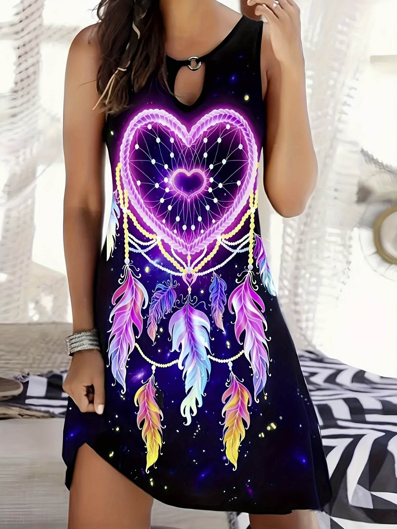 Bohemian Midi Dress for Women, Colorful Print with Dreamcatcher and Ring Accents, Sleeveless Crew Neck, Polyester Knit Fabric, Regular Fit, Spring/Summer/Fall Collection