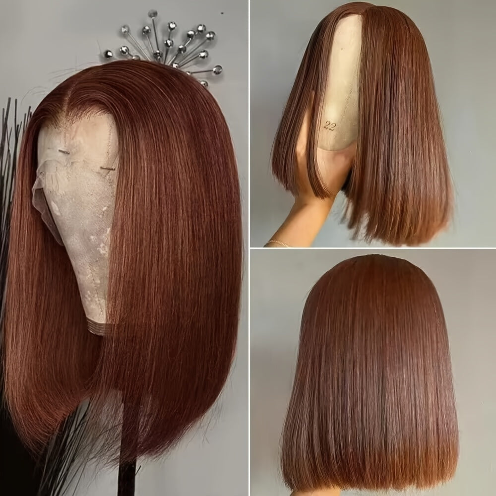 Silky Straight 13x5 Brown Bob Wigs Lace Front Human Hair Short Bob Pre Plucked Bleached Knots Lace Frontal Bob #4 Colored Wig