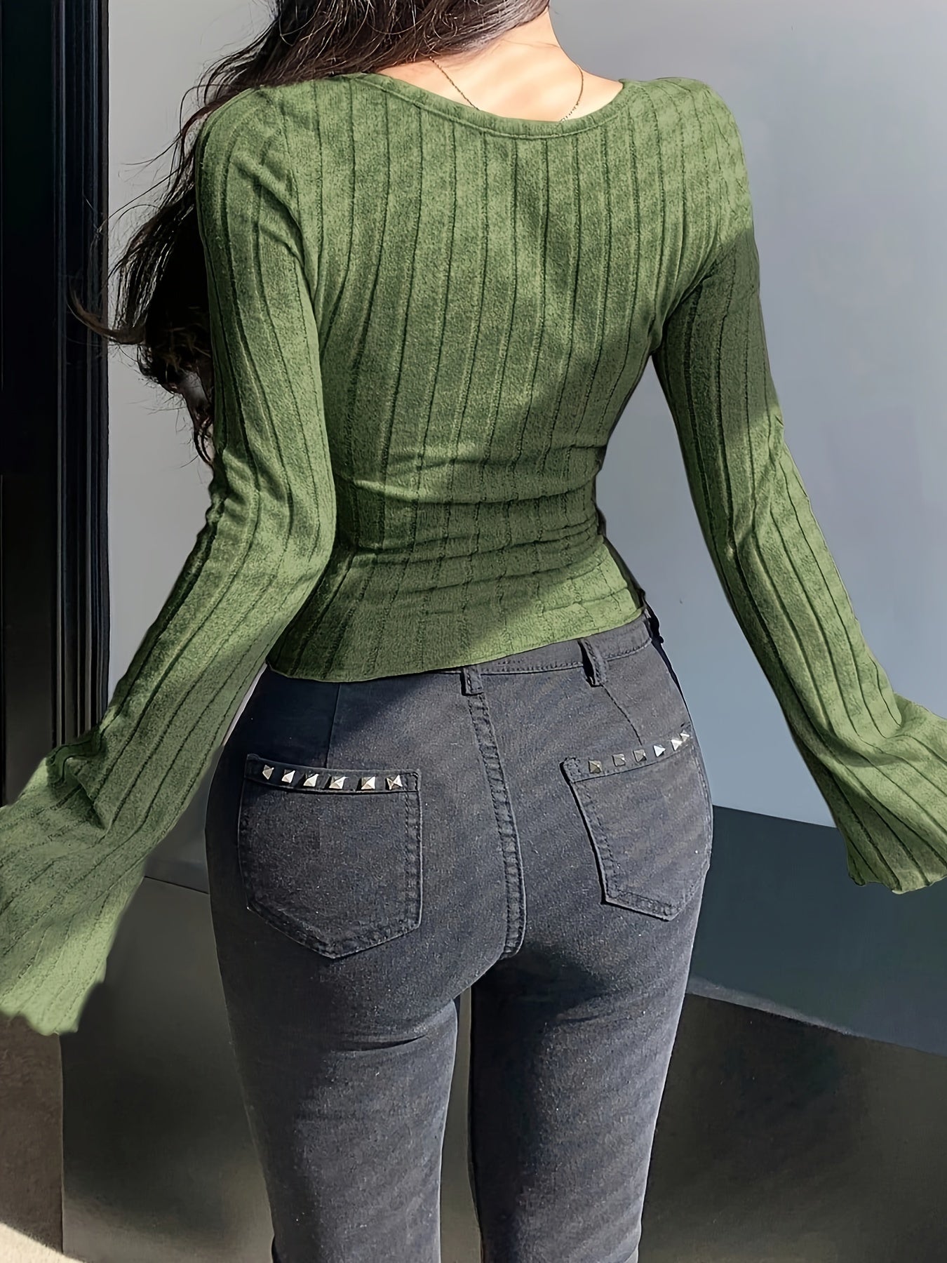 Crisscross Scoop Neck Skinny Top, Casual Solid Color Long Sleeve Ribbed Top For Spring & Fall, Women's Clothing