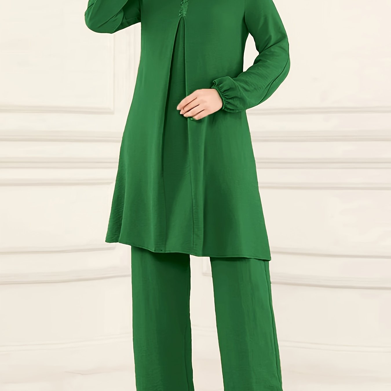Ramadan Elegant Solid Muslim Two-piece Set, Long Sleeve Crew Neck Top & Straight Leg Pants Outfits, Women's Clothing