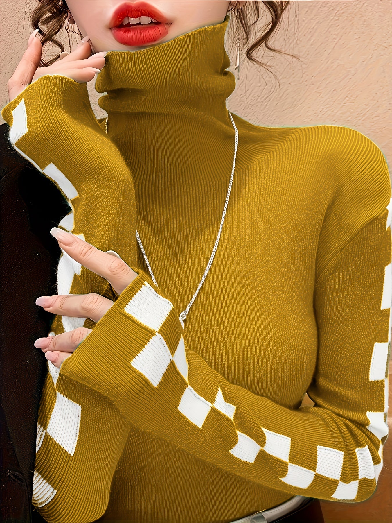 Elegant Red & White Checkered Turtleneck Sweater for Women - Slim Fit, Casual Knit Pullover with Contrasting Trim, Perfect for Fall/Winter